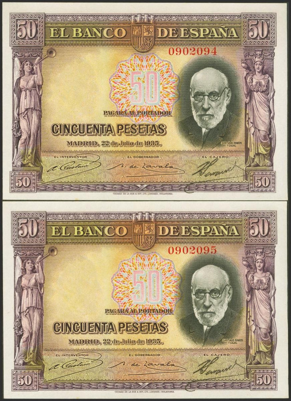 50 Pesetas. 22 de Julio de 1935. Pareja correlativa. Sin serie. (Edifil 2021: 36...