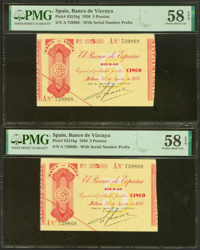 5 Pesetas. 30 de Agosto de 1936. Pareja correlativa. Sucursal de Bilbao, antefir...