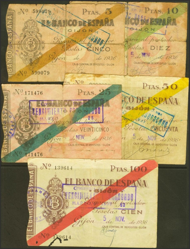 Conjunto de 5 billetes de 5 Pesetas, 10 Pesetas, 25 Pesetas, 50 Pesetas y 100 Pe...