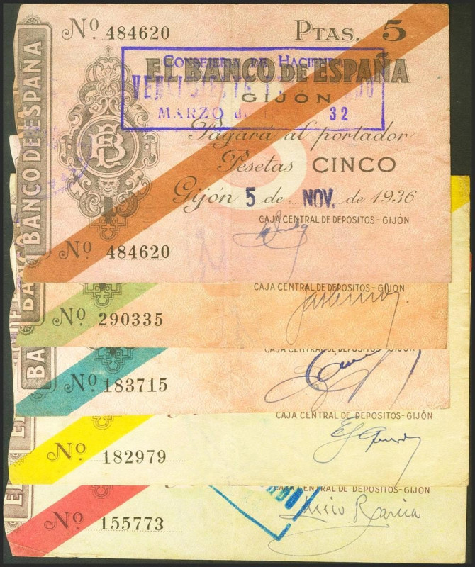 Conjunto de 5 billetes de 5 Pesetas, 10 Pesetas, 25 Pesetas, 50 Pesetas y 100 Pe...