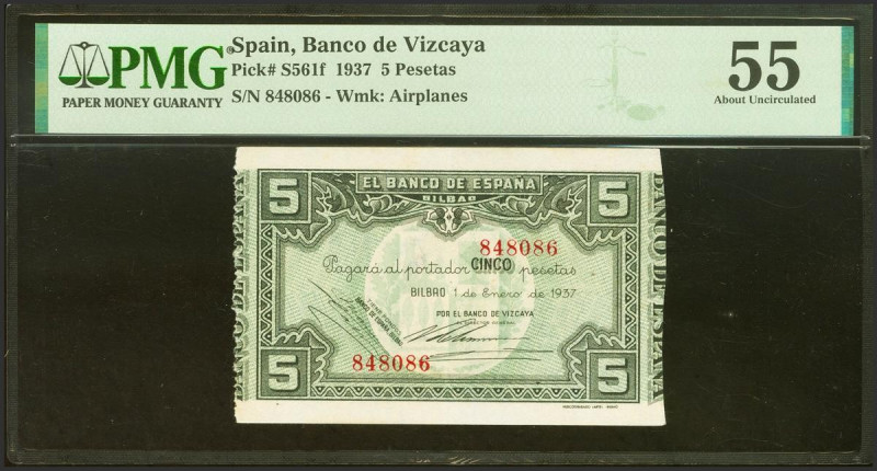 5 Pesetas. 1 de Enero de 1937. Sucursal de Bilbao, antefirma del Banco de Vizcay...