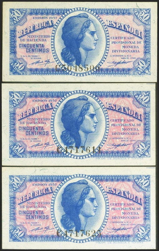 Conjunto de 3 billetes de 50 Céntimos Ministerio de Hacienda emitidos en 1937 y ...