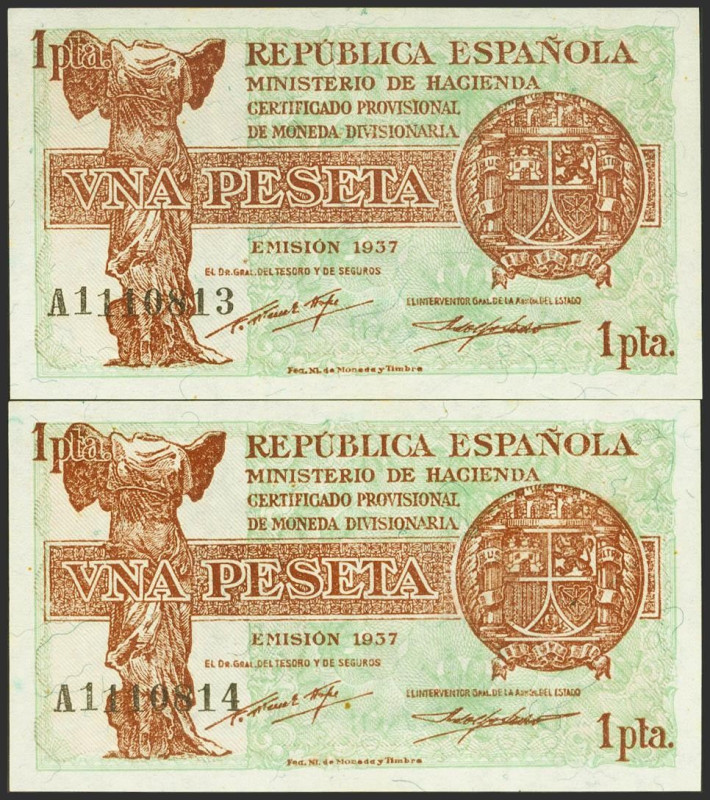 1 Peseta. 1937. Pareja correlativa. Serie A. (Edifil 2021: 392). Apresto origina...