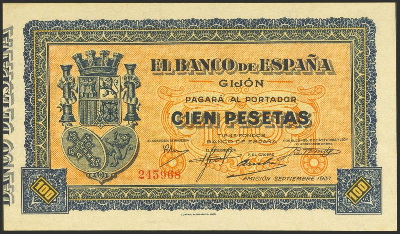 100 Pesetas. Septiembre 1937. Asturias y León. Sin serie. (Edifil 2021: 399). Ap...