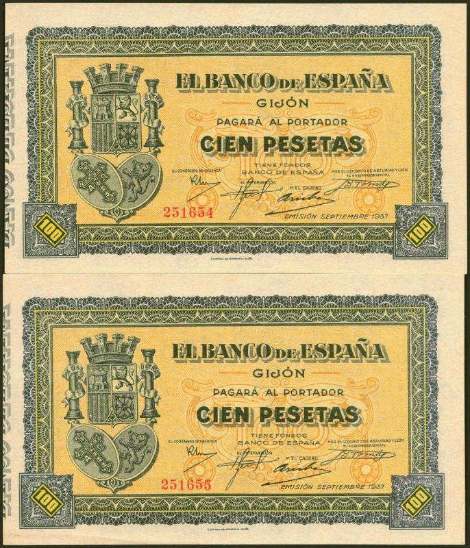 100 Pesetas. Septiembre 1937. Pareja correlativa. Banco de Gijón. Sin serie. (Ed...