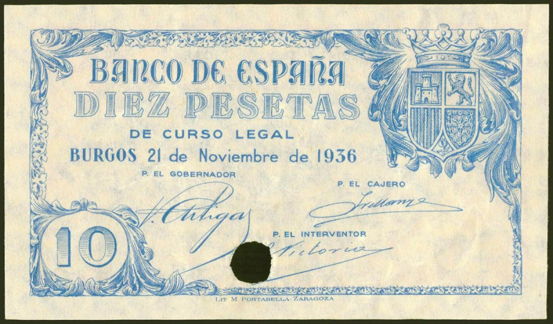 10 Pesetas. 21 de Noviembre de 1936. Sucursal de Burgos. Sin fondo litográfico y...