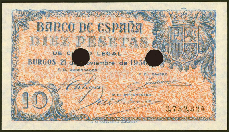 10 Pesetas. 21 de Noviembre de 1936. Sucursal de Burgos. Taladrado (doble) con n...