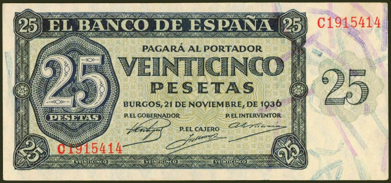 25 Pesetas. 21 de Noviembre de 1936. Serie C. (Edifil 2021: 419a). Conserva todo...