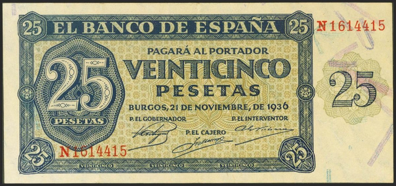 25 Pesetas. 21 de Noviembre de 1936. Serie N. (Edifil 2021: 419a). Conserva gran...