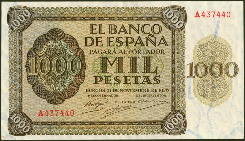 1000 Pesetas. 21 de Noviembre de 1936. Serie A. (Edifil 2021: 423). Muy raro en ...