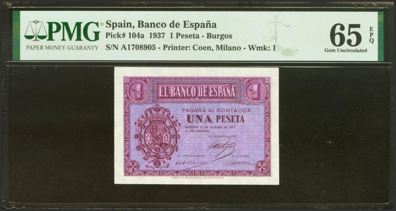 1 Peseta. 12 de Octubre de 1937. Serie A. (Edifil 2021: 425, Pick: 104a). Inusua...