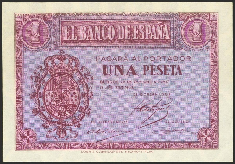 1 Peseta. 12 de Octubre de 1937. Serie E. (Edifil 2021: 425a). Conserva todo su ...