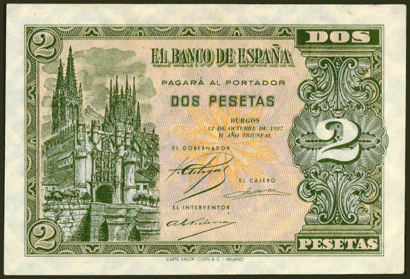 2 Pesetas. 12 de Octubre de 1937. Serie A. (Edifil 2021: 426). Inusual en esta c...