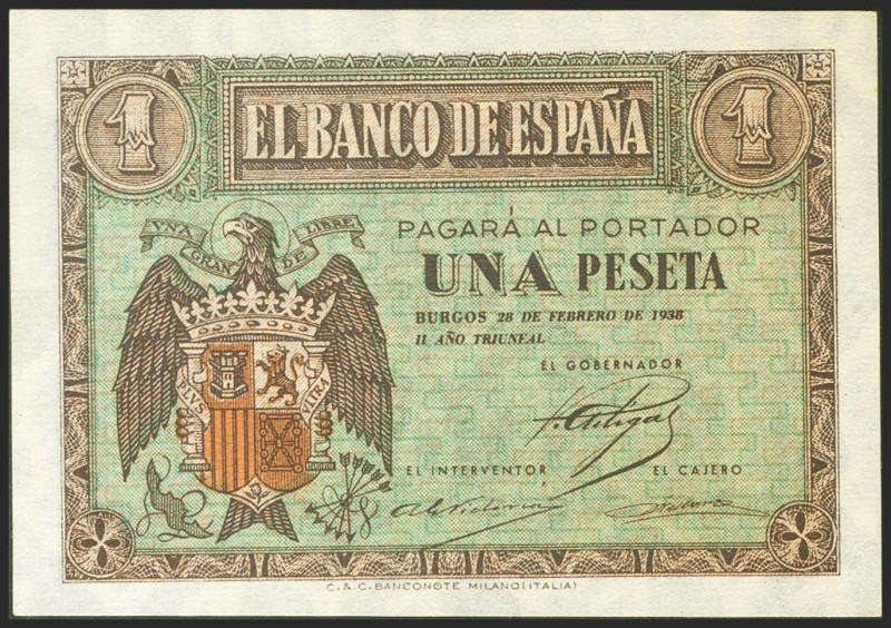 1 Pesetas. 28 de Febrero de 1938. Serie A. (Edifil 2021: 427, Pick: 107a). Inusu...