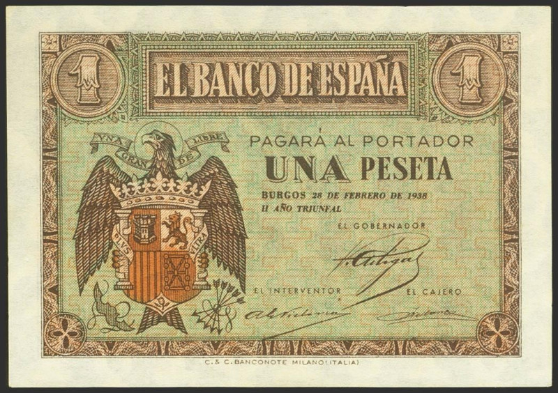 1 Peseta. 28 de Febrero de 1938. Serie C. (Edifil 2021: 427a). Apresto original....