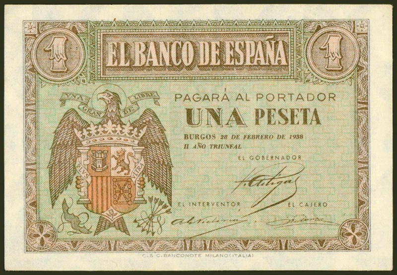 1 Peseta. 28 de Febrero de 1938. Serie F. (Edifil 2021: 427a). Gran parte de su ...