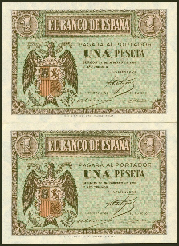 1 Peseta. 28 de Febrero de 1938. Pareja correlativa. Serie F. (Edifil 2021: 427a...