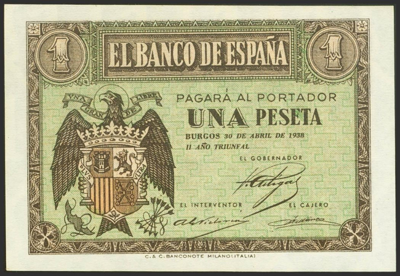 1 Peseta. 30 de Abril de 1938. Serie F. (Edifil 2021: 428a). Apresto original. E...