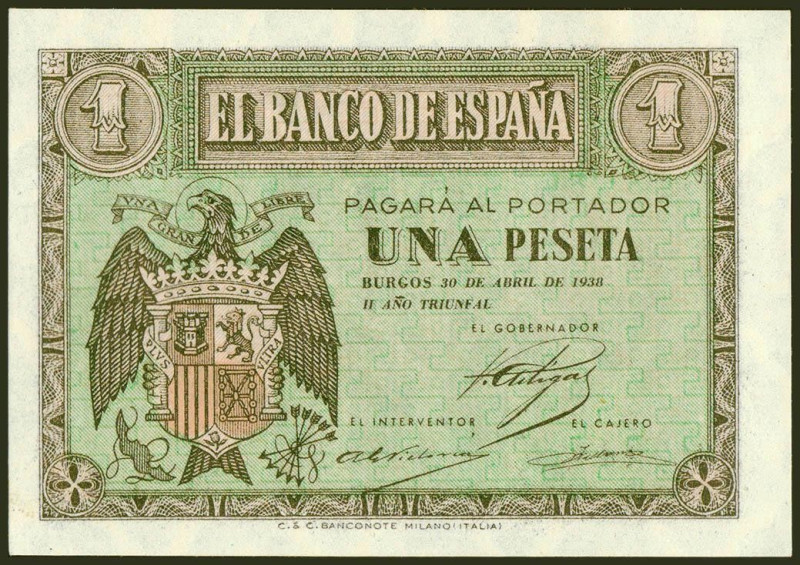 1 Peseta. 30 de Abril de 1938. Serie H. (Edifil 2021: 428a). Conserva todo su ap...