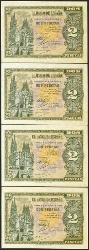 Conjunto de 4 billetes correlativos del 2 Pesetas emitidos el 30 de Abril de 193...