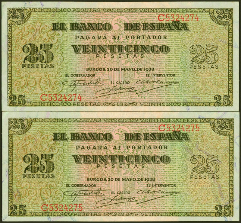 25 Pesetas. 20 de Mayo de 1938. Pareja correlativa. Serie C. (Edifil 2021: 430a)...