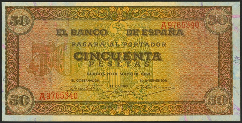 50 Pesetas. 20 de Mayo de 1938. Serie A. (Edifil 2021: 431). Conserva gran parte...