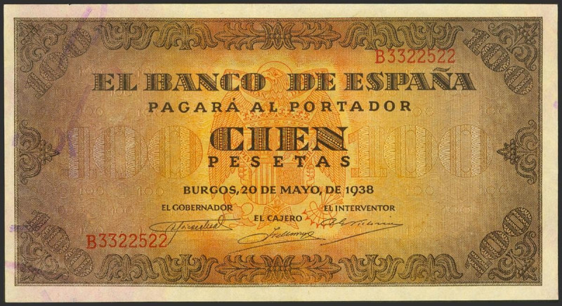 100 Pesetas. 20 de Mayo de 1938. Serie B. (Edifil 2021: 432a). Conserva parte de...