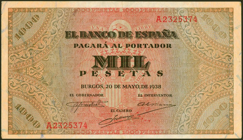 1000 Pesetas. 20 de Mayo de 1938. Serie A. (Edifil 2021: 434). MBC.