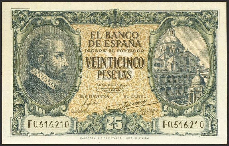 25 Pesetas. 9 de Enero de 1940. Serie F, última serie emitida. (Edifil 2021: 436...