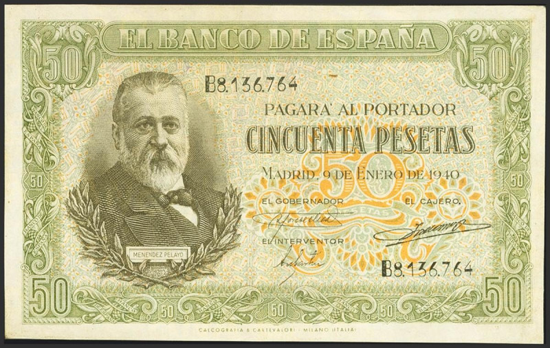 50 Pesetas. 9 de Enero de 1940. Serie B. (Edifil 2021: 437a). Conserva parte del...