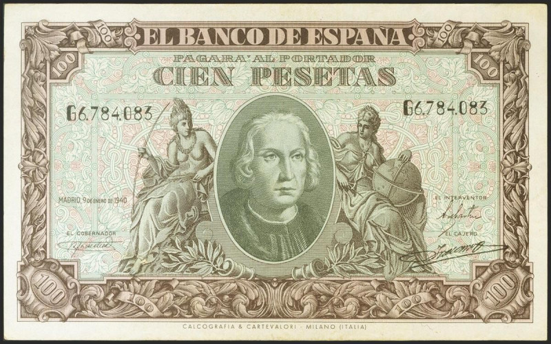 100 Pesetas. 9 de Enero de 1940. Serie G. (Edifil 2021: 438a). Conserva parte de...