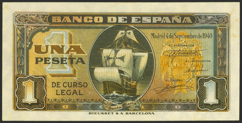 1 Peseta. 4 de Septiembre de 1940. Sin serie. (Edifil 2021: 442). Conserva todo ...