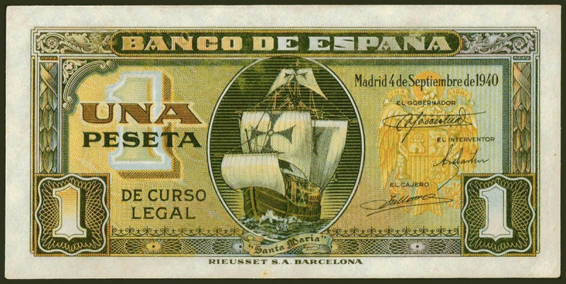 1 Peseta. 4 de Septiembre de 1940. Serie B. (Edifil 2021: 442a). Conserva todo s...