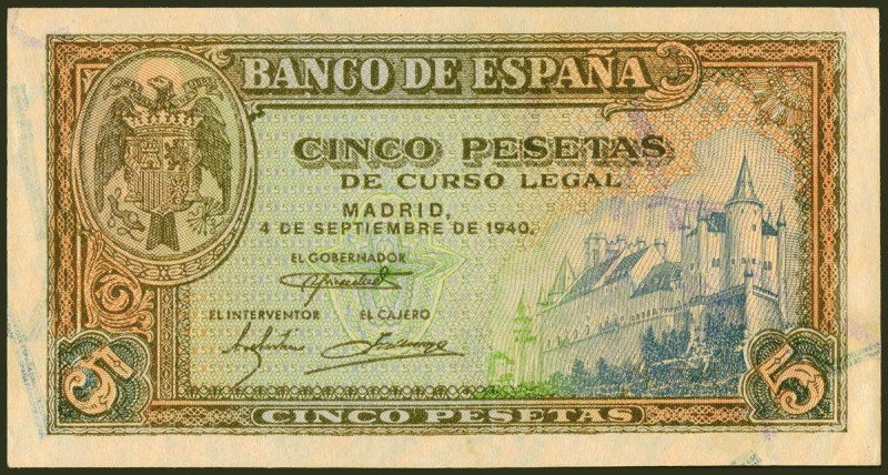 5 Pesetas. 4 de Septiembre de 1940. Serie B. (Edifil 2021: 443a). Conserva todo ...