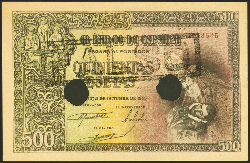 500 Pesetas. 21 de Octubre de 1940. Falso de época, con taladros y marca FALSO. ...