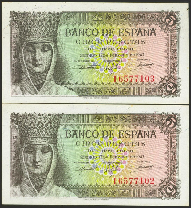 1 Peseta. 13 de Febrero de 1943. Pareja correlativa. Serie I. (Edifil 2021: 446a...