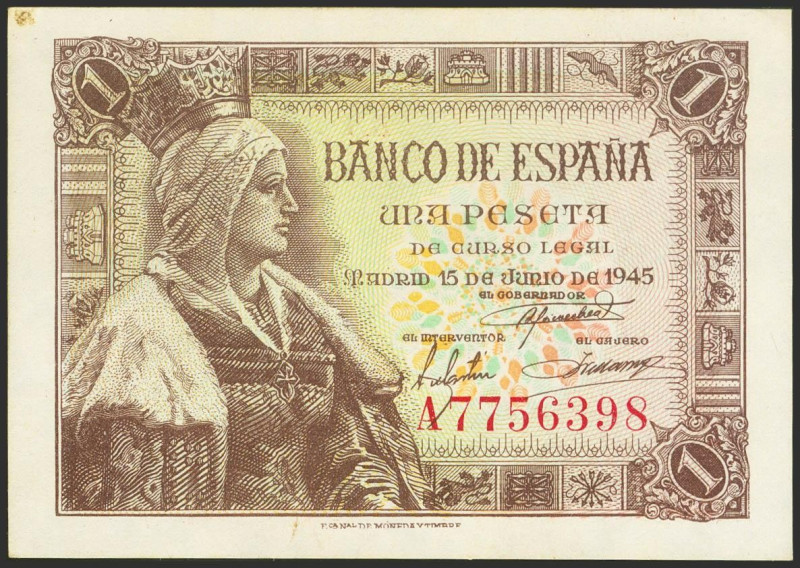 1 Peseta. 15 de Junio de 1945. Serie A. (Edifil 2021: 448a). Apresto original, m...