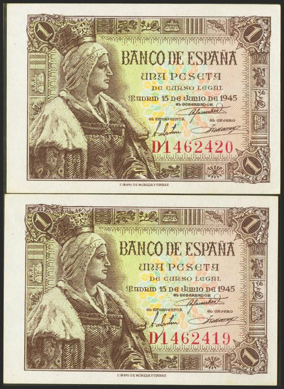 1 Peseta. 15 de Junio de 1945. Pareja correlativa. Serie D. (Edifil 2021: 448a)....