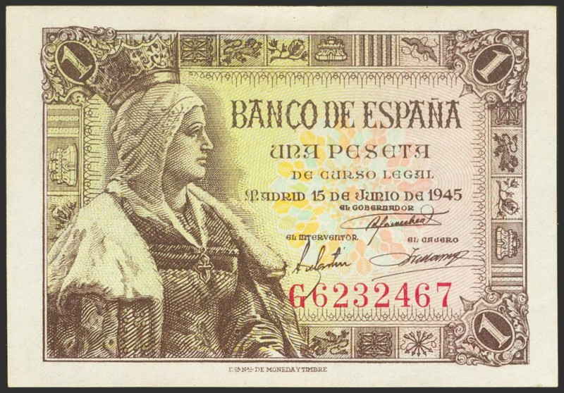 1 Peseta. 15 de Junio de 1945. Serie G. (Edifil 2021: 448a). Apresto original. E...