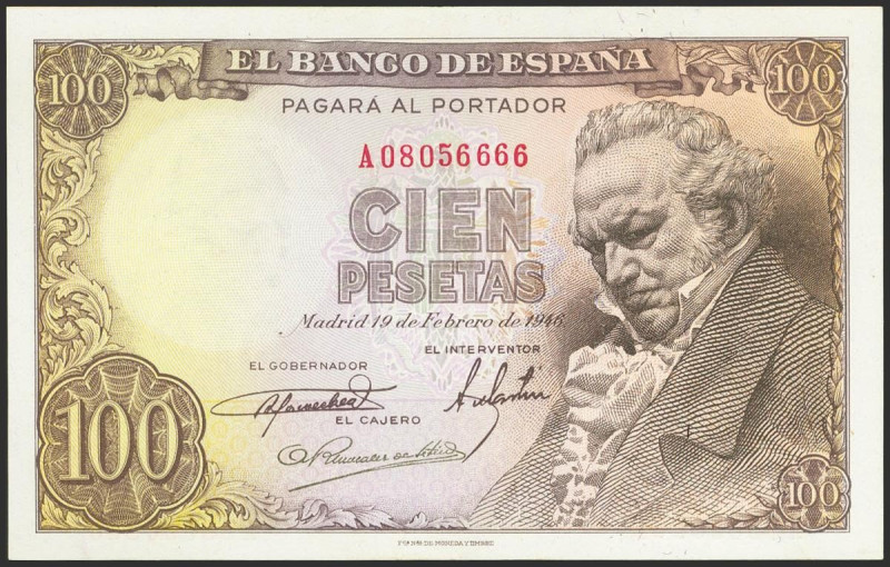 100 Pesetas. 19 de Febrero de 1946. Serie A. (Edifil 2021: 451a, Pick: 131a). Co...