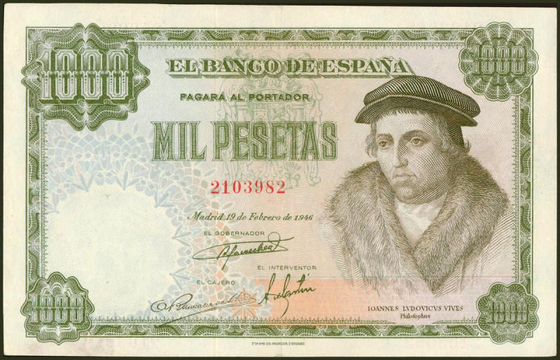 1000 Pesetas. 19 de Febrero de 1946. Sin serie. (Edifil 2021: 453). Inusual, pre...