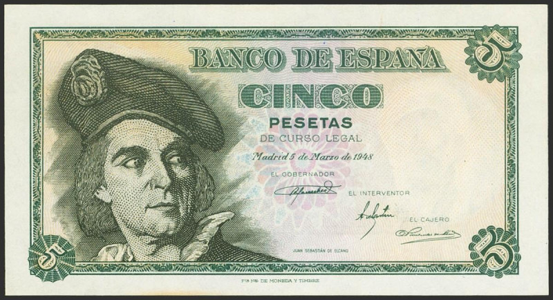 5 Pesetas. 15 de Marzo de 1948. Sin serie. (Edifil 2021: 455). Apresto original....