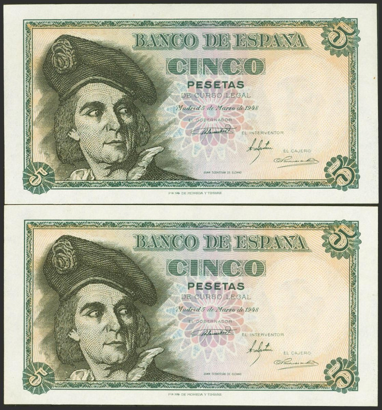 5 Pesetas. 5 de Marzo de 1948. Pareja correlativa. Serie A. (Edifil 2021: 455a)....