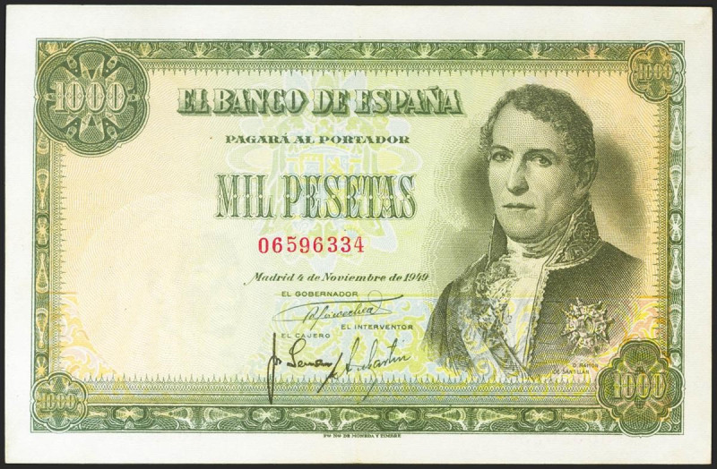 1000 Pesetas. 4 de Noviembre de 1949. Sin serie. (Edifil 2021: 458). Conserva pa...