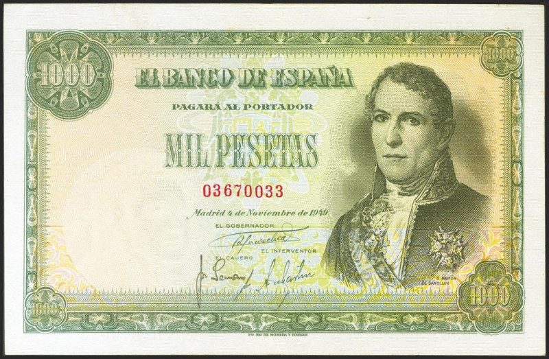 1000 Pesetas. 4 de Noviembre de 1949. (Edifil 2021: 458). Conserva algo de su ap...