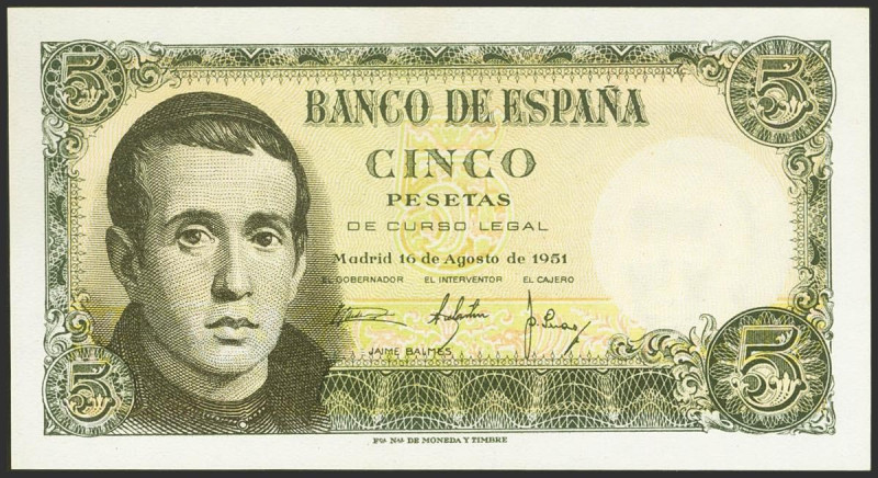 5 Pesetas. 16 de Agosto de 1951. Serie 1E. (Edifil 2021: 459a). Apresto origina....