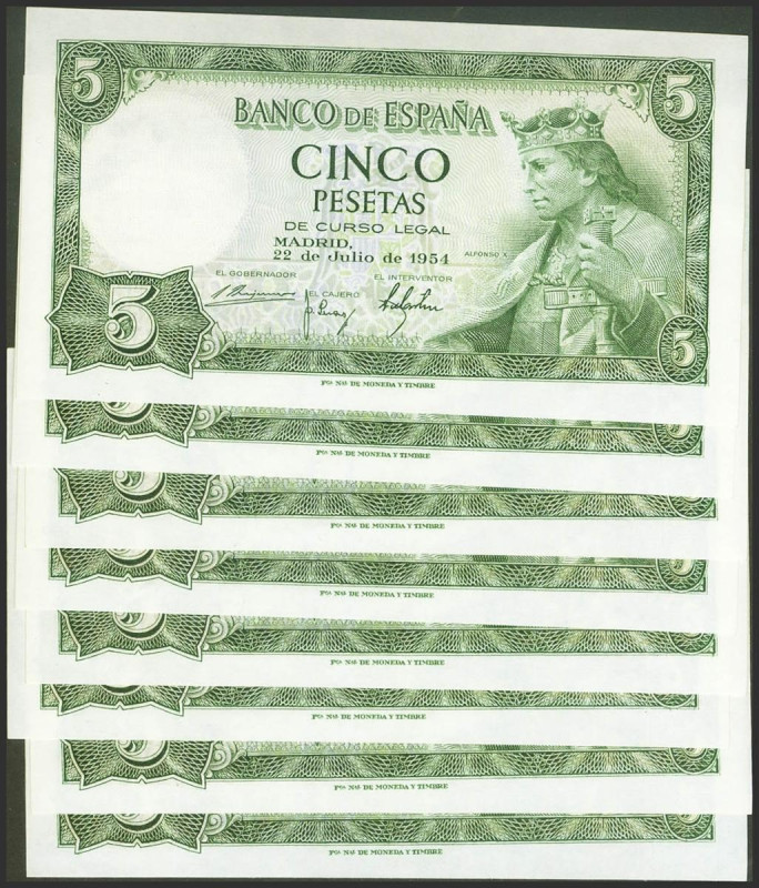 Conjunto de 8 billetes correlativos de 5 Pesetas, emitidos el 22 de Julio de 195...