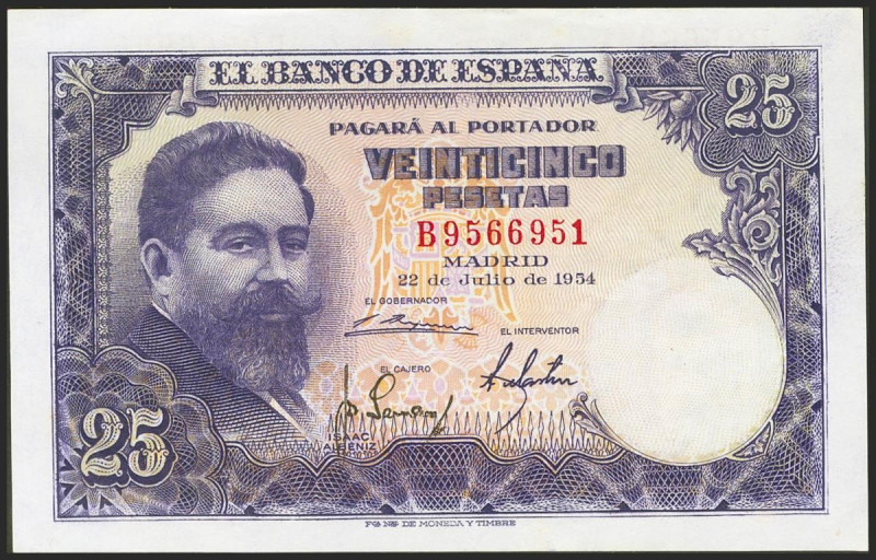 25 Pesetas. 22 de Julio de 1954. Serie B. (Edifil 2021: 467a). Conserva la mayor...