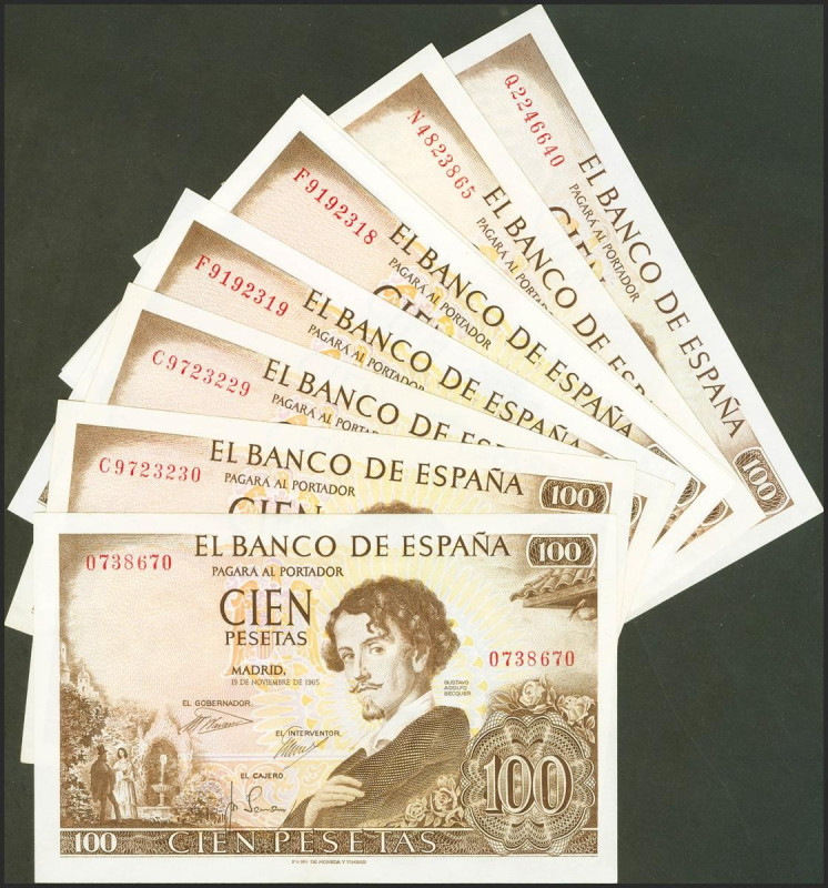 Conjunto de 8 billetes, incluyendo parejas con la serie C, F y N de 100 Pesetas ...