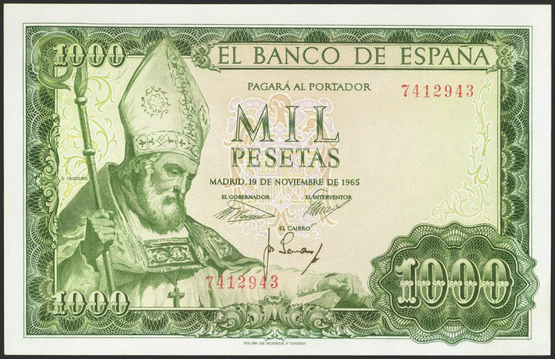 1000 Pesetas. 19 de Noviembre de 1965. Sin serie. (Edifil 2021: 471). Conserva g...